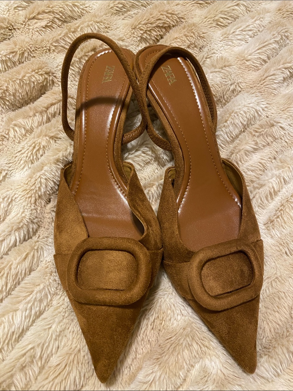 Zara Tan Suede Pointed Slingback Heels with Buckle Detail